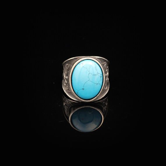  Virgin Mary Signet Ring with Genuine Turquoise - Vintage Oval Gemstone - 4