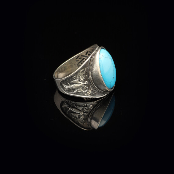  Virgin Mary Signet Ring with Genuine Turquoise - Vintage Oval Gemstone - 5