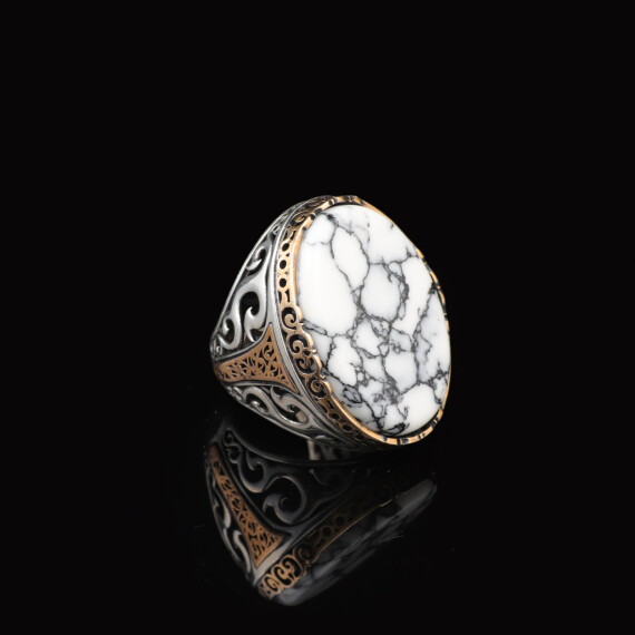  White Turquoise Oval Gemstone Ring for Men - Handmade Ottoman Style - 3