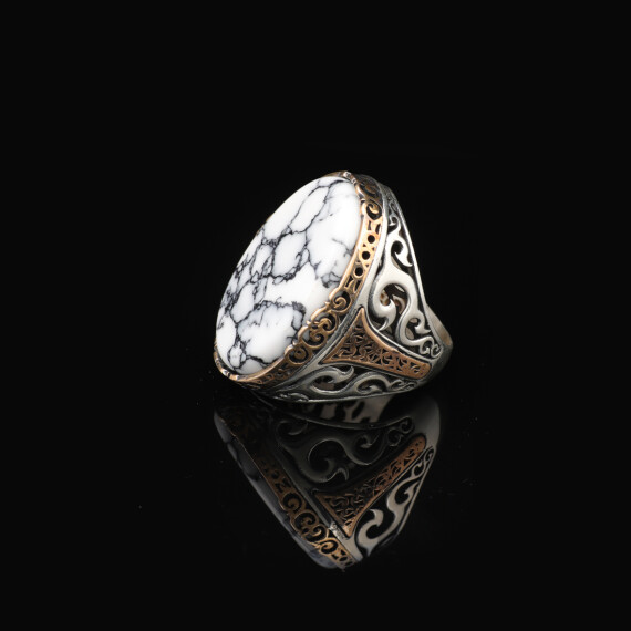  White Turquoise Oval Gemstone Ring for Men - Handmade Ottoman Style - 4