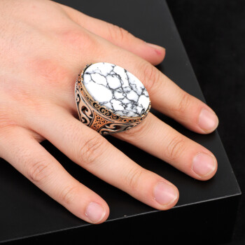  White Turquoise Oval Gemstone Ring for Men - Handmade Ottoman Style - 6