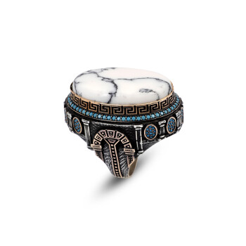  White Turquoise Ring with Micro Turquoise Stone – Large Oval Vintage Men’s Ring - 1