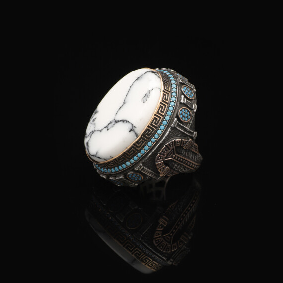  White Turquoise Ring with Micro Turquoise Stone – Large Oval Vintage Men’s Ring - 3